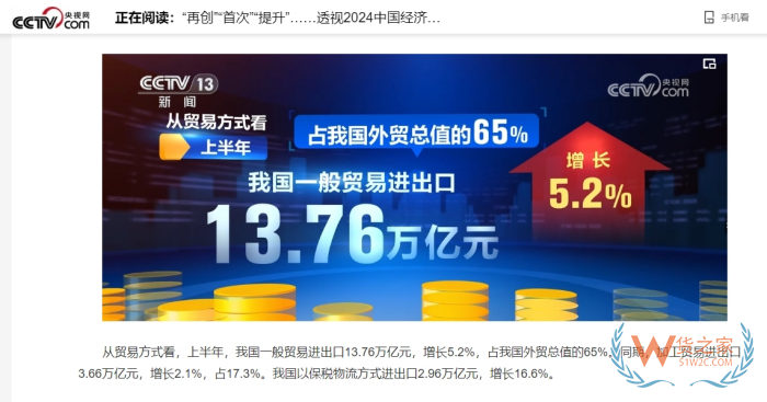 2024年上半年我國以保稅物流進口額達1.84萬億元,同比增長18.9%